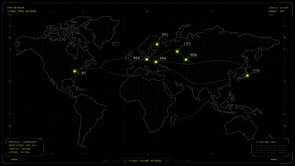 Карта мира с узлами серверов FOLK VPS в стиле wireframe
