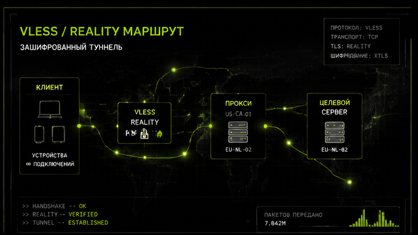 Схема протокола и маршрута — один ключ vless на нескольких устройствах