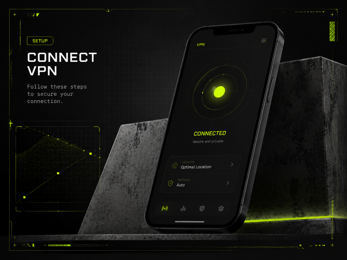 Смартфон с экраном подключения VPN в техническом стиле