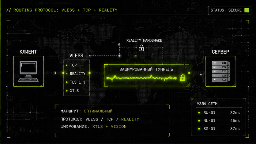 Схема протокола и маршрута — vless tcp reality